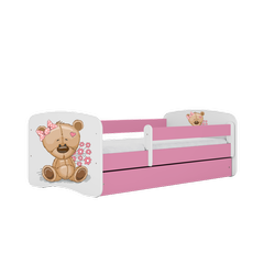 Einzelbett 140 x 70 cm für Kinder Babydreams weiß / pink mit Schublade, Design-Auswahl - "Teddybär mit Blumen"-Grafik